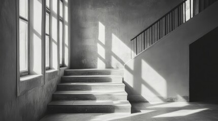 Obraz premium Interior Stairwell Sunlight, Concrete Structure, Empty, Modern Building