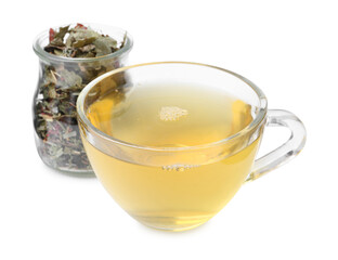 Delicious herbal tea and dry leaves isolated on white