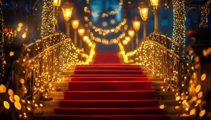 Fototapeta premium Enchanting red carpet pathway illuminated by fairy lights in magical garden setting