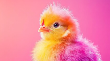 Colorful chick portrait against pink gradient background