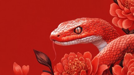 Fototapeta premium A red snake among red flowers.