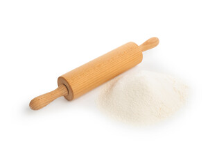 Wooden rolling pin and pile of flour isolated on white