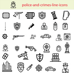 Fototapeta premium A Police and Crimes Line Icon Set includes simple, outlined icons representing law enforcement, crime investigation, handcuffs, badges, criminal activity, surveillance, and justice, used for security 
