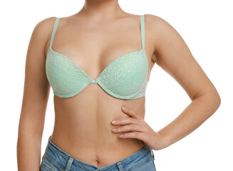 Woman wearing beautiful bra on white background, closeup