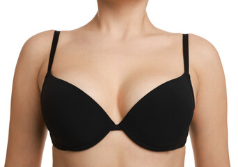 Woman wearing beautiful bra on white background, closeup
