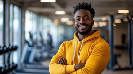 Naklejka premium A smiling man in a vibrant workout outfit stands confidently in a brightly lit gym, surrounded by modern fitness equipment