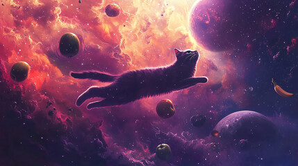 Obraz premium Cosmic Leap: A Cat Floating Through a Celestial Nebula
