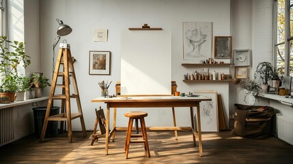 Cozy artistic studio with soft bohemian decor, warm lighting, and creative personal touches