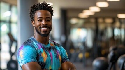 Obraz premium A smiling man in a vibrant workout outfit stands confidently in a brightly lit gym, surrounded by modern fitness equipment