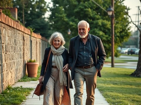 Parea de tercera edad abuelos caminando