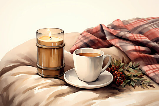 Watercolor illustration of a candle in a glass jar and a white chine cup of tea resting on an armchair arm with a red tarten blanket behind