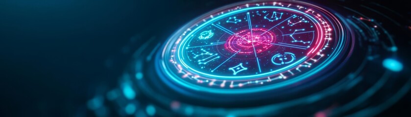 Holographic zodiac wheel floating in deep space, glowing neon constellations, cosmic energy