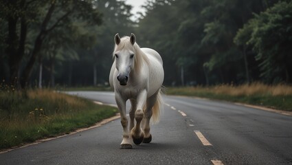 white horse on the road