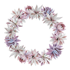 Abstract pastel flowers hand drawn watercolor illustration round wreath isolated on white background