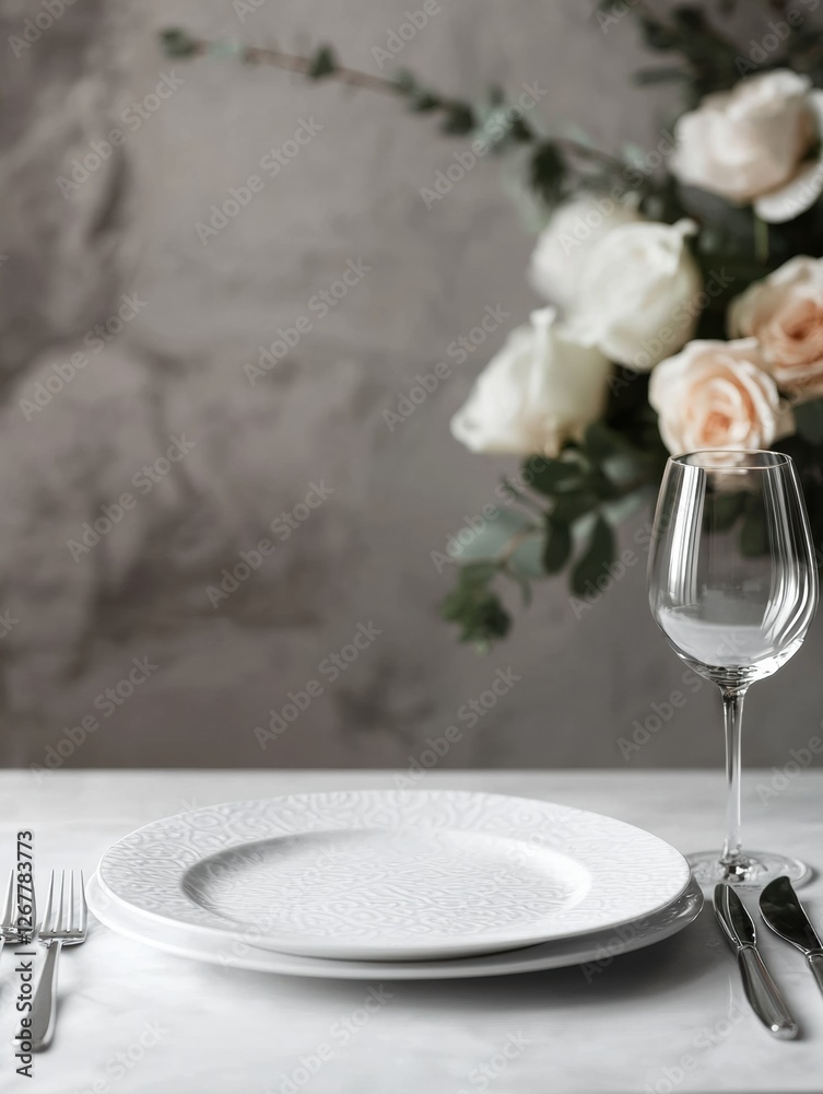 Poster elegant table setting with fresh flowers and fine dining utensils in a soft, neutral toned environme