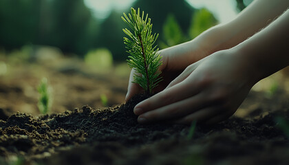 Fototapeta premium Hands planting young pine tree in fresh soil for conservation and sustainability