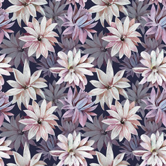 Abstract pastel colored flowers hand drawn watercolor seamless pattern isolated on dark background