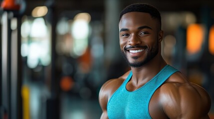 Obraz premium A smiling man in a vibrant workout outfit stands confidently in a brightly lit gym, surrounded by modern fitness equipment