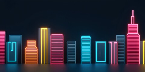 Fototapeta premium A vibrant skyline illustration featuring neon-colored buildings against a dark background, creating a futuristic urban atmosphere.