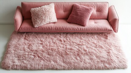 Soft pale pink plush rug in bright studio with matching sofa