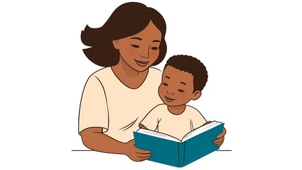 A woman and a child are reading a book together. The image is interesting because it depicts the connections and educational activities between an adult and a child.