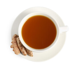 Aromatic turmeric tea in cup and roots isolated on white, top view