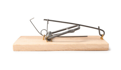 One spring-loaded bar mousetrap isolated on white