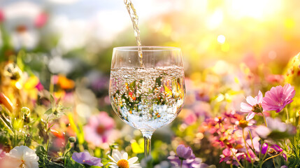 Refreshing Water Glass Surrounded by Vibrant Colorful Flowers