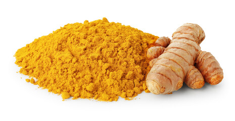 Pile of turmeric powder and roots isolated on white