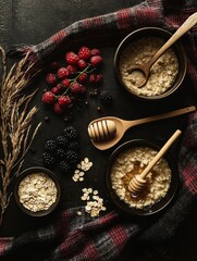 Fototapeta premium Healthy Oatmeal Breakfast Bowl - Two bowls of oatmeal with honey, berries, and oats. Rustic dark background
