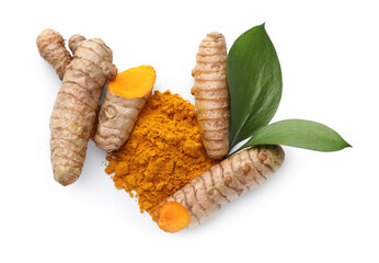 Pile of turmeric powder, roots and green leaves isolated on white, top view