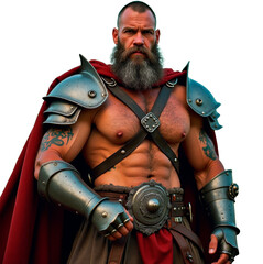 A formidable warrior with a grey beard, metal shoulder guards, and a red cape showcases a muscular torso and tattoos