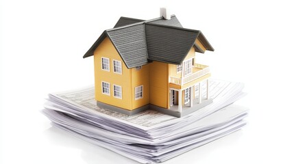 Home Ownership Documents and House Model - A small house model sits atop a stack of mortgage documents, symbolizing homeownership, financial planning, paperwork, real estate