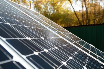 Fototapeta premium Solar panels installation reflecting sunlight, capturing renewable energy and providing sustainable power solutions, for a cleaner and more sustainable environment.