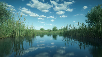 Obraz premium Serene Water Landscape with Green Grass and Blue Sky Reflection