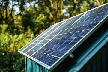 Fototapeta premium Renewable energy solution: Close-up of solar panels on a green roof, highlighting sustainable power and environmental responsibility amidst lush greenery.