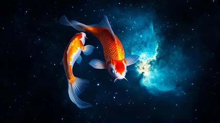Pisces holographic koi fish merging with a deep-space nebula, astral beauty