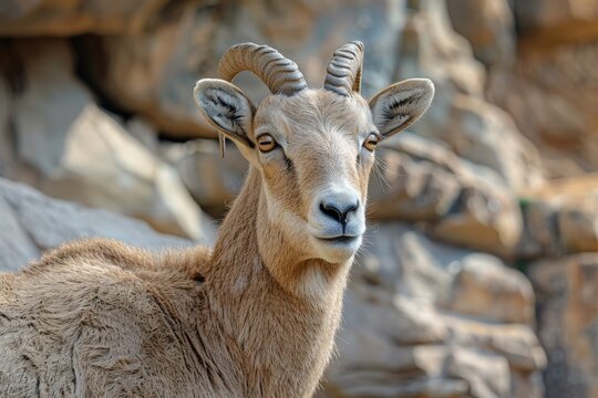 Portrait Pyrenean Ibex against rocky background, focusing on delicate textured fur, graceful spiraled horns, calm, observant expression, capturing essence this extinct mountain species' adaptation.