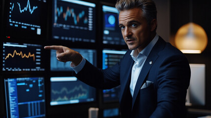 Financial trader explaining market data analysis on multiple screen setup