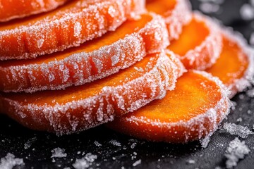 Artistic close-up of stacked frozen carrot slices covered in frost, revealing vibrant orange color and detailed icy patterns against a dark background, evoking winter.