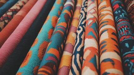 Close-up of a collection of colorful fabrics. the fabrics are arranged in a neat and orderly manner, with each fabric having a unique pattern and color.