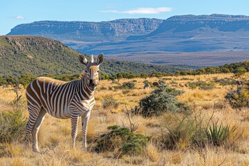 Fototapeta premium Lone Quagga standing in a vast, golden grassland under a bright sky with mountains in the background, representing the natural beauty and isolation of this extinct African species.