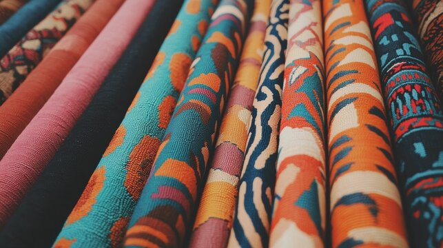 Close-up of a collection of colorful fabrics. the fabrics are arranged in a neat and orderly manner, with each fabric having a unique pattern and color.