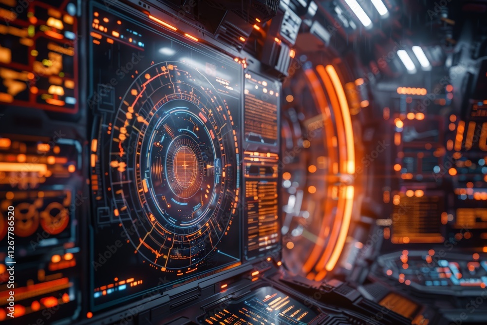 Poster digital control panel with cybersecurity shield interface and vibrant visuals, representing advanced