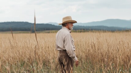 Senior farmer in golden wheat field