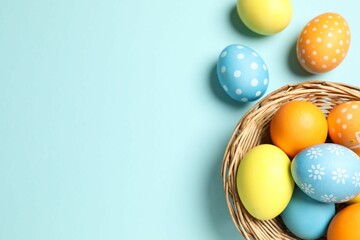 Beautiful decorated Easter eggs and wicker bowl on light blue background, flat lay. Space for text