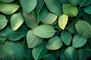 Obraz premium Lush Green Eucalyptus Leaves - A vibrant close-up shot of numerous eucalyptus leaves, showcasing their rich green hues and intricate venation. Perfect for nature-themed designs