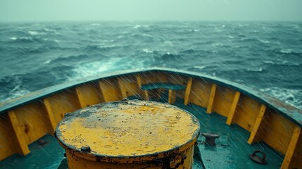 Ship's bow in stormy ocean, rain, waves, nautical, transportation
