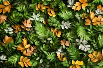 Obraz premium Lush Tropical Foliage Background - Vibrant green leaves interspersed with orange and white accents create a lush, tropical backdrop. Perfect for nature-themed designs