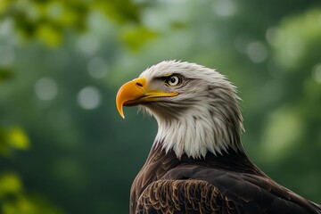 Fototapeta premium Majestic Bald Eagle Profile - Close-up of a bald eagle's head and shoulders, set against a blurred green background. The eagle's gaze is directed to the left